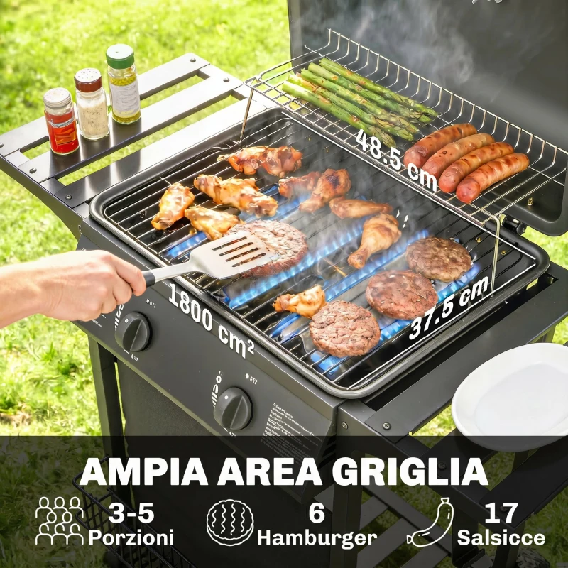 Outsunny Barbecue Gas con 2 Bruciatori, Tavolini Laterali e Termometro Integrato, in Acciaio Inox, 99x56x95 cm, Nero