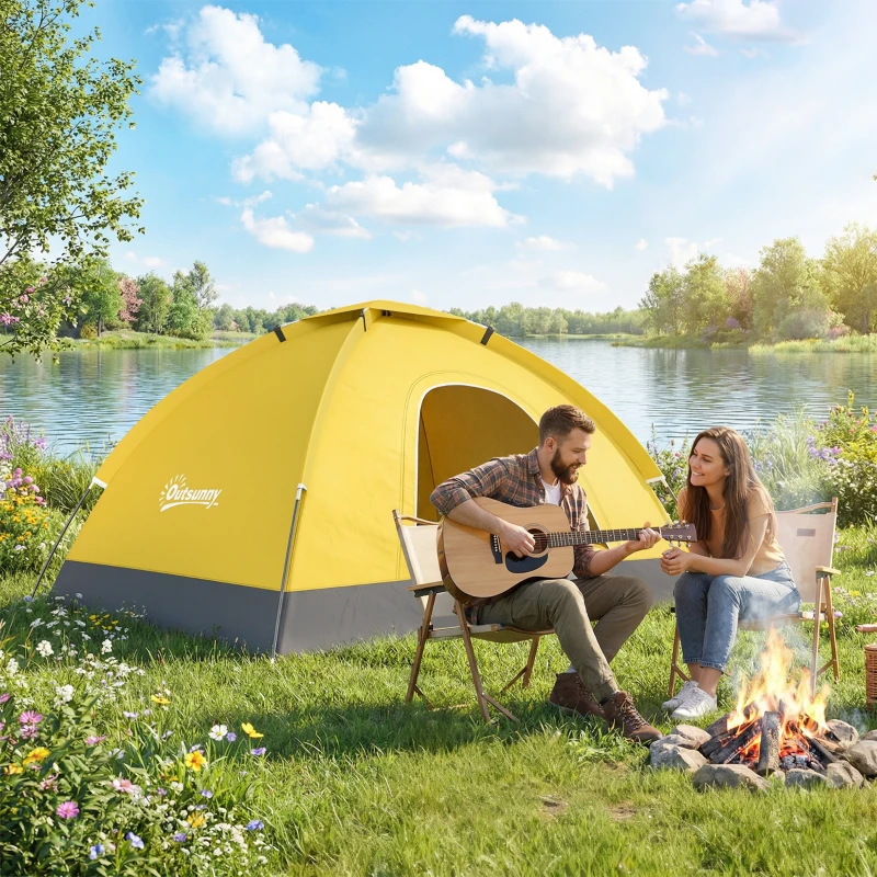 Outsunny 2 Person Camping Tent, Dome Tent with Zipped Doors, Storage Pocket, Portable Handy Bag, Yellow