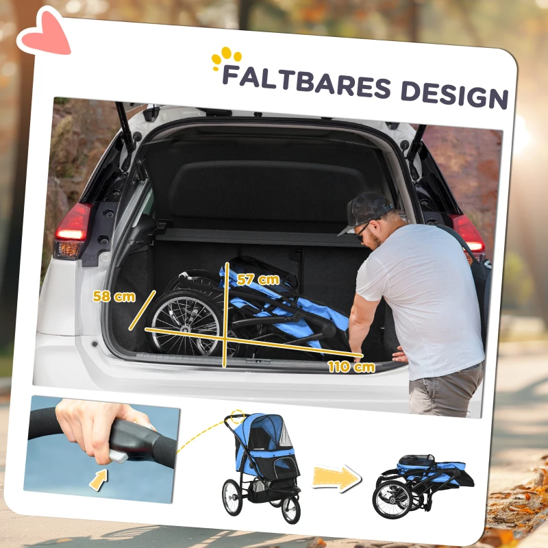 PawHut hondenkinderwagen, opvouwbaar, zonnescherm, gaasvenster, opbergmand, blauw, 111 x 58 x 107 cm(m-6)