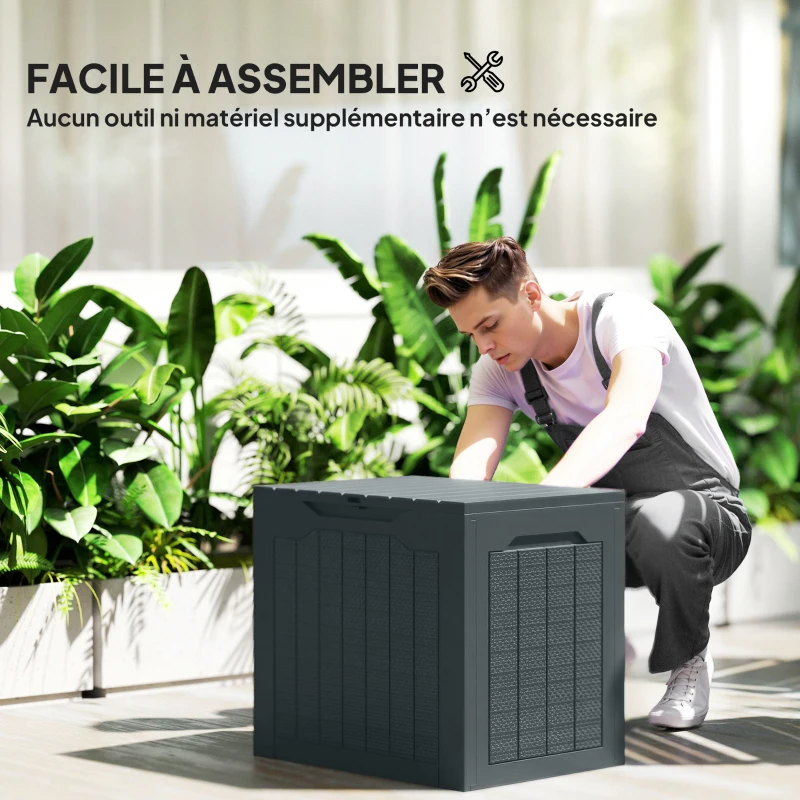 Outsunny Coffre de rangement extérieur 97L avec poignées encastrées, malle de rangement extérieur étanche 56x41x50cm, gris foncé