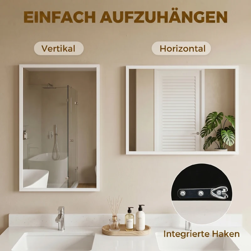 HOMCOM Miroir mural rectangulaire 50 x 70 cm, cadre en bois blanc, idéal pour la salle de bain, salon ou chambre