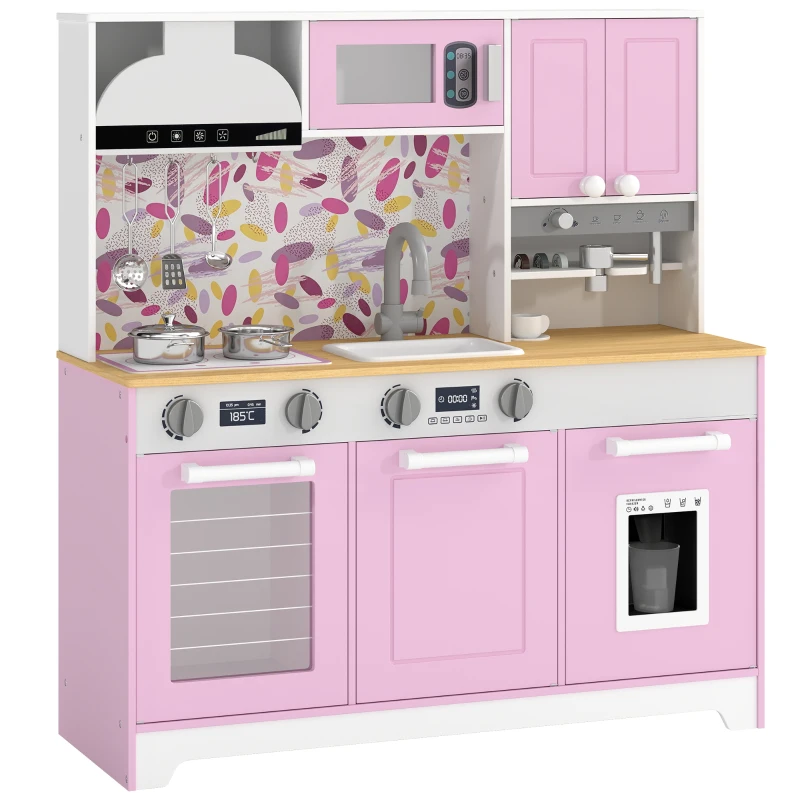 AIYAPLAY Cuisine Jouet en Bois avec Accessoires en Acier Inoxydable Cafetière Machine à Glaçons Évier Plaques Rose