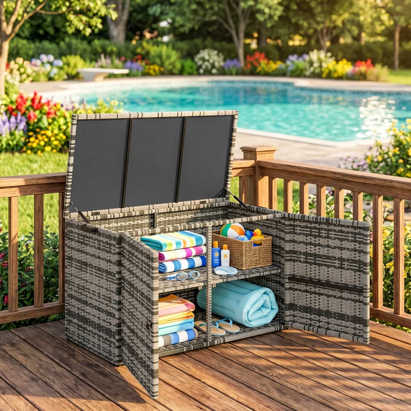 Outsunny Baule da Esterno da 350L a 2 Livelli con Pistoni a Gas, Rattan PE e Acciaio, 118x57x69 cm, Grigio