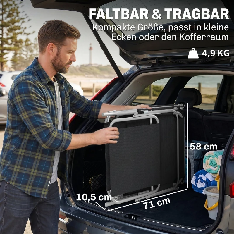 Outsunny Klapbare ligstoel met zonnescherm, verstelbare rugleuning, metalen frame, 187 x 58 x 36 cm, zwart