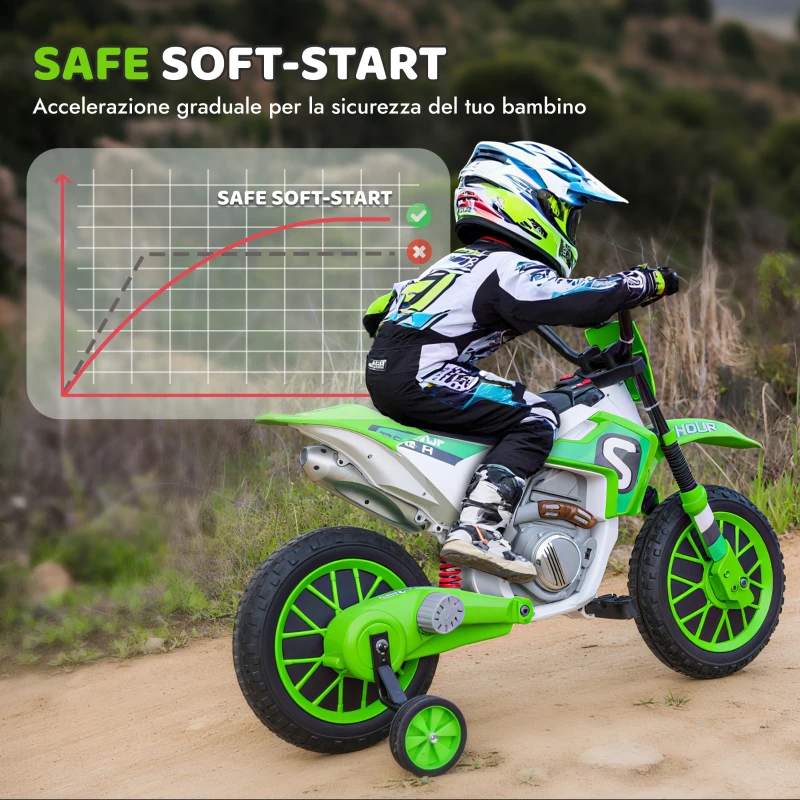 HOMCOM Moto da Cross Elettrica per Bambini con Rotelle, in PP e Metallo, 106.5x51.5x68 cm, Verde