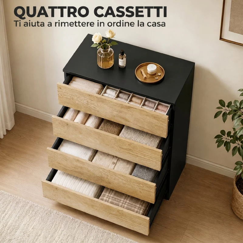 HOMCOM Cassettiera Camera da Letto 4 Cassetti, Comò Camera da Letto, per Soggiorno, Sala da Pranzo e Corridoio, Nero e Rovere