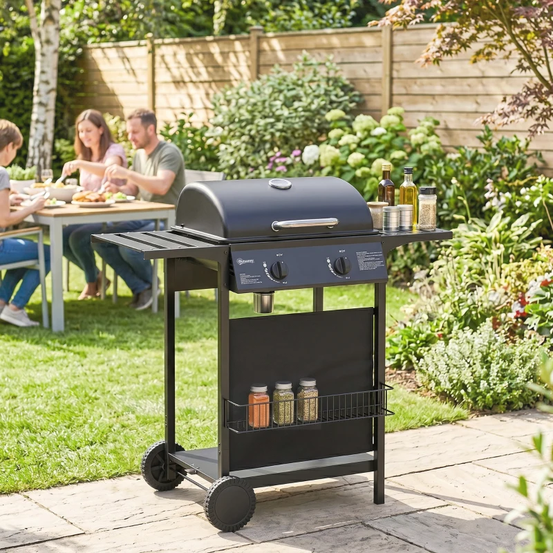 Outsunny Barbecue Gas con 2 Bruciatori, Tavolini Laterali e Termometro Integrato, in Acciaio Inox, 99x56x95 cm, Nero