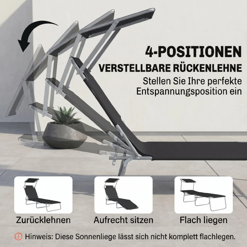 Outsunny Klapbare ligstoel met zonnescherm, verstelbare rugleuning, metalen frame, 187 x 58 x 36 cm, zwart
