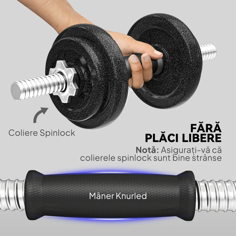 SPORTNOW Set greutăți și halter de 20 kg cu mânere antiderapante, 8 discuri de greutăți, bară de halter și 2 bare pentru gantere din oțel
