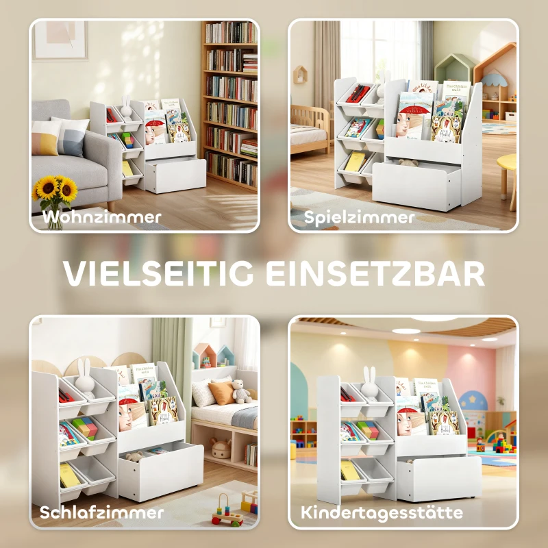 AIYAPLAY Spielzeugregal, Kinderzimmerregal mit 6 Behälter, Bücherablage, rollbare Box, 100 x 30 x 80 cm, MDF, Stahl, Weiß