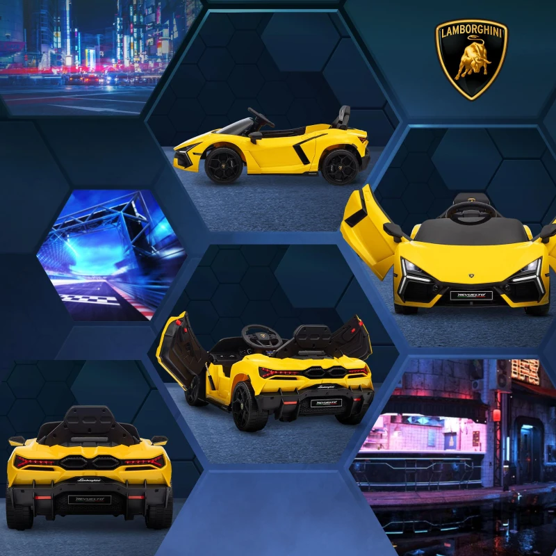 AIYAPLAY Mașină electrică 12V cu licență Lamborghini Revue vehicul electric telecomandă viteză 3-5 km/h 3-5 ani galben