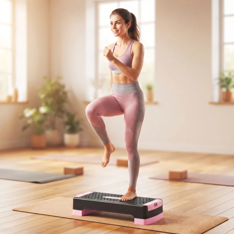 SPORTNOW Step Aerobic Reglabil pe 2 Niveluri cu 2 Benzi de Rezistență, Roz