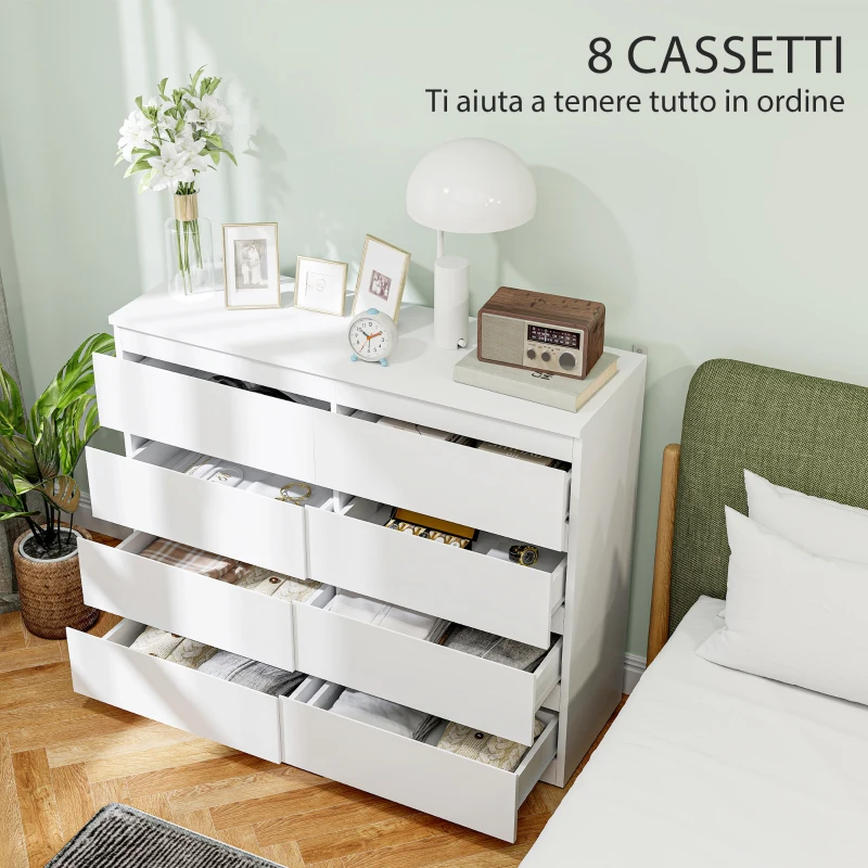 HOMCOM Cassettiera Camera da Letto 8 Cassetti, Comò Camera da Letto in Legno con Piedini Antiscivolo, 120x39x100 cm, Bianco