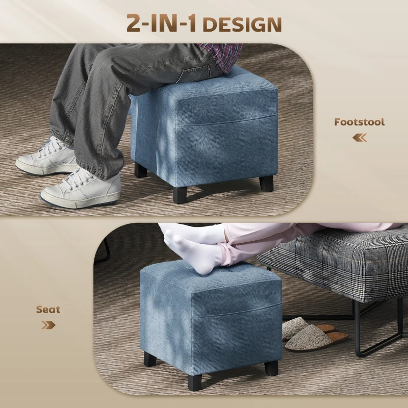 HOMCOM Small Ottoman, Square Footstool with Side Pocket, Rubber Wood Legs and Padded Seat for Living Room, Dark Blue