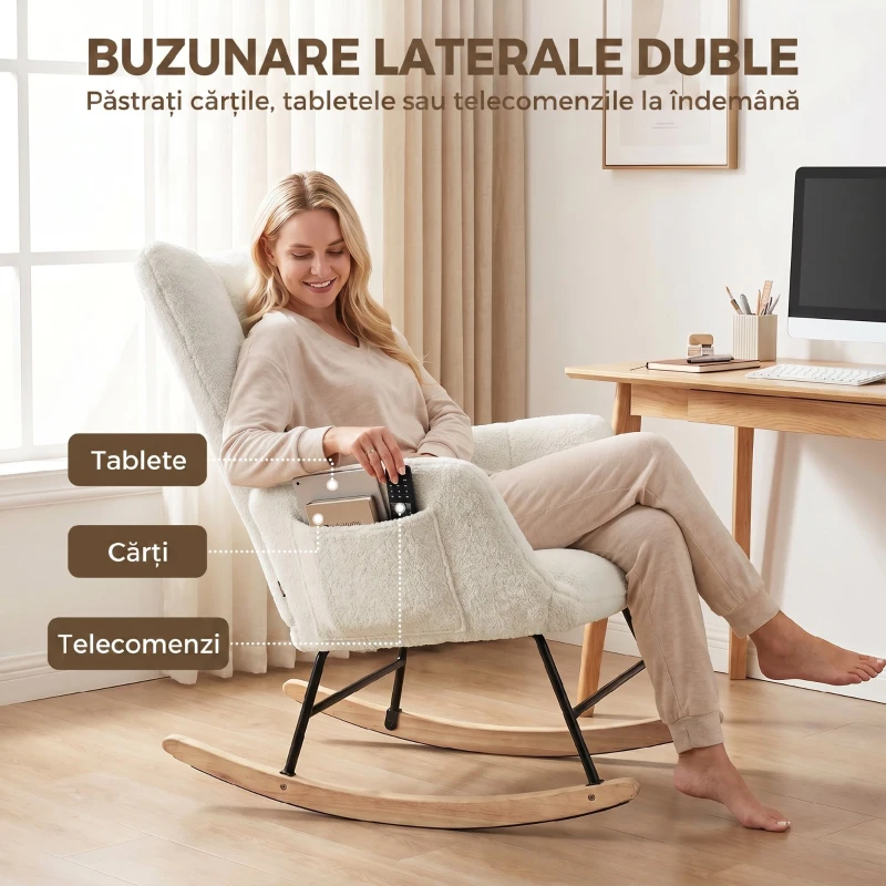 HOMCOM Scaun Balansoar Matlasat cu Buzunare Laterale, Alb Crem