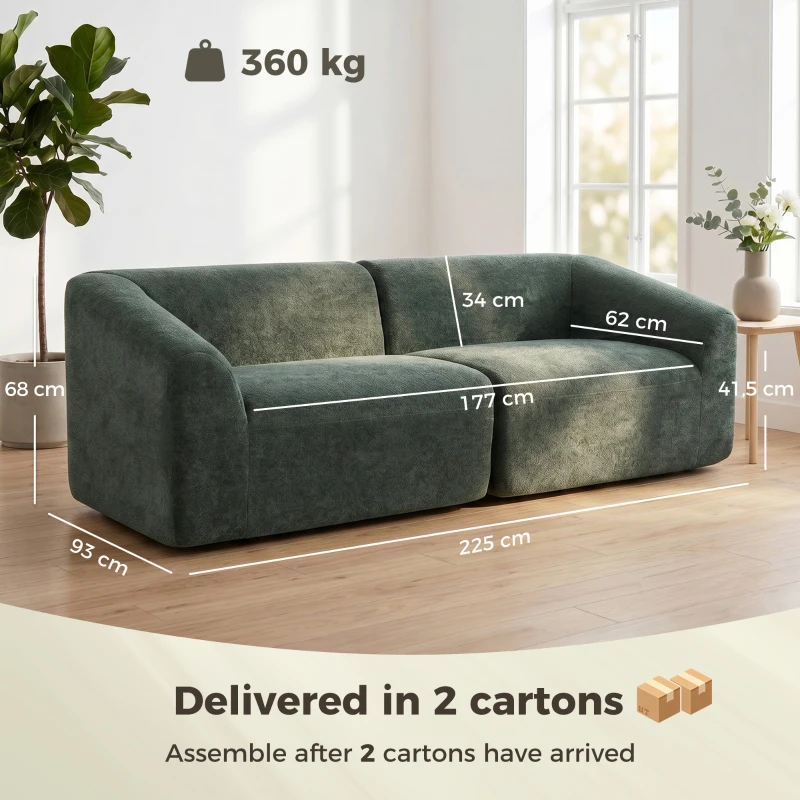 HOMCOM 3-Sitzer-Chenille-Sofa 225 cm, modernes gepolstertes Wohnzimmersofa mit breiter Sitzfläche, Federkernkissen, dunkelgrün