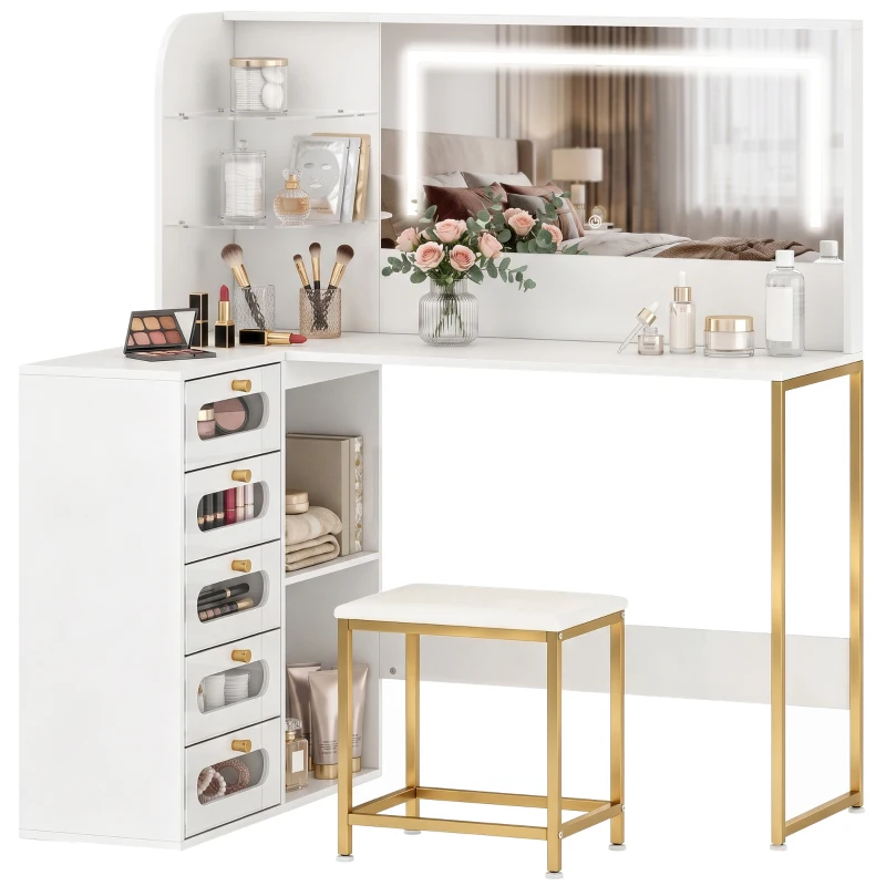 HOMCOM Schminktisch mit Spiegel LED-Lichter Hocker 5 Schubladen 2 Fächer und 2 Glasablagen Weiß