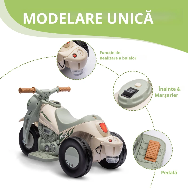 AIYAPLAY Moto electrică pentru copii 2-5 ani, 3 roți, 6 V, 3 km/h, cu funcție de bule, efecte luminoase și sonore, crem