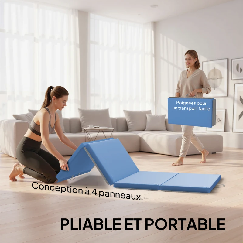 HOMCOM Tapis de gymnastique yoga pilates fitness pliable en 4 avec poignées revêtement synthétique 180 x 80 x 5 cm bleu clair