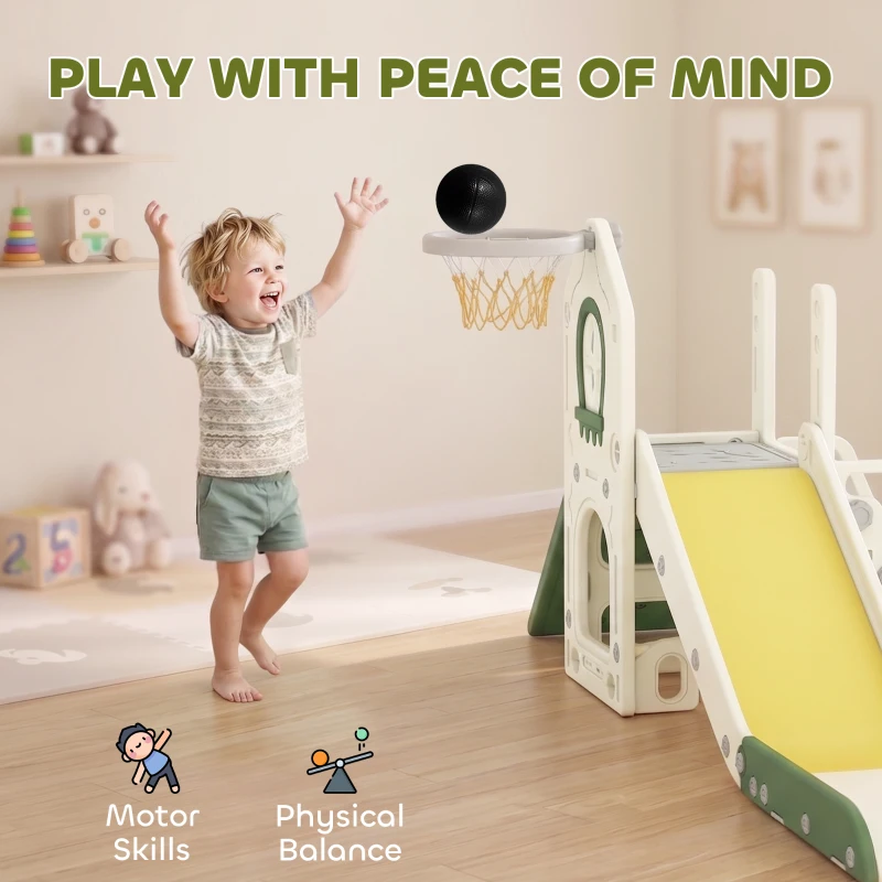 AIYAPLAY Toboggan pour Enfant Pliable 5-en-1 avec Escalade, Panier de Basket, Espace de Rangement et Ballon, Crème