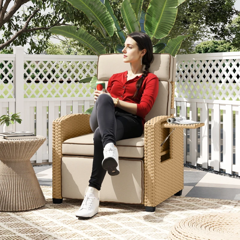 Outsunny 145° Reclining Rattan Armchair, with Footrest - Khaki/Beige