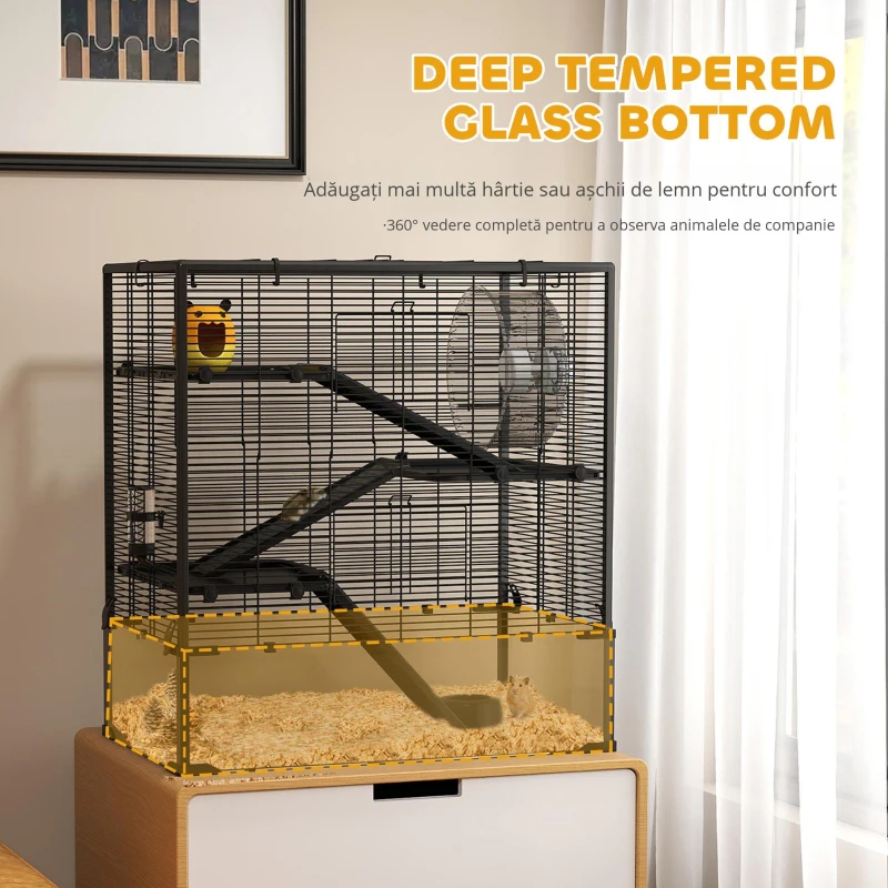 PawHut Cușcă pentru Hamster cu Bază din Sticlă, Cu 4 Etaje și Accesorii, 78,5L x 48,5B x 80H cm, Negru