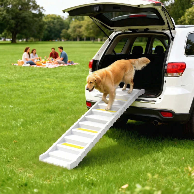 PawHut Rampa Plegable para Perros para Coche y Camas Altas de 10 Peldaños con Tiras y Alfombrillas Antideslizantes, Blanco
