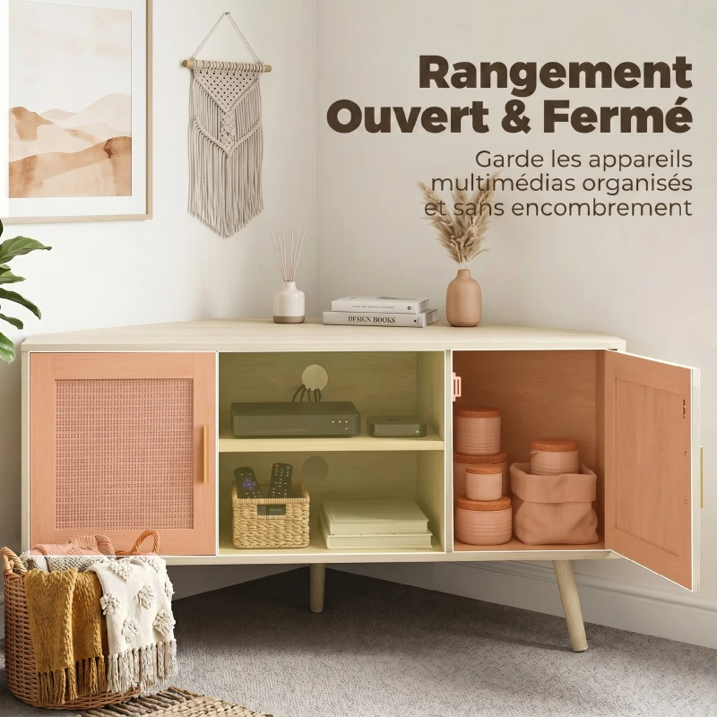 HOMCOM Meuble TV d'Angle 115 cm, Meuble Télé pour Téléviseur jusqu'à 65 Pouces, 2 Portes en Rotin  2 Compartiments, Chêne