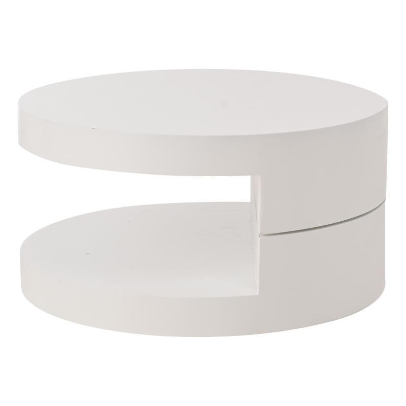 Masă de cafea cilindrică cu blat rotativ la 360°, bandă LED, construcție cu 2 straturi, 70x70x35,5 cm, Alb