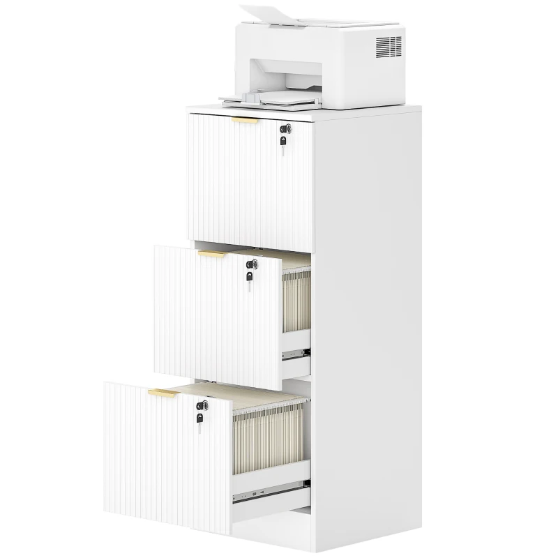 HOMCOM Filing Cabinet, Fluted Vertical File Cabinet with 3 Lockable Drawers and Hanging Rails, White