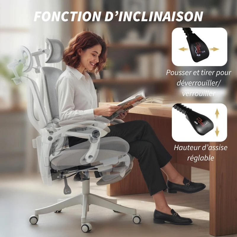 HOMCOM Scaun de birou ergonomic cu tetieră reglabilă, fotoliu de birou rabatabil din plasă, spătar separat, gri