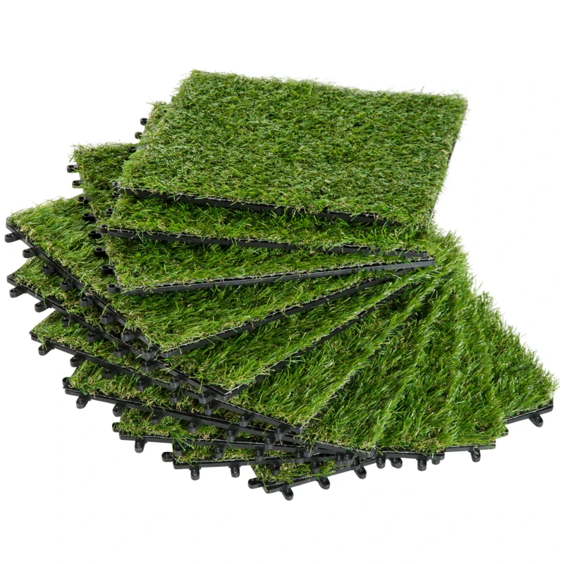 Outsunny Kunstgras, natuurgetrouw, met drainagefunctie, 6,5K vezels/m², 25mm hoogte, set van 10 stuks van 30x30cm, groen(m-10)