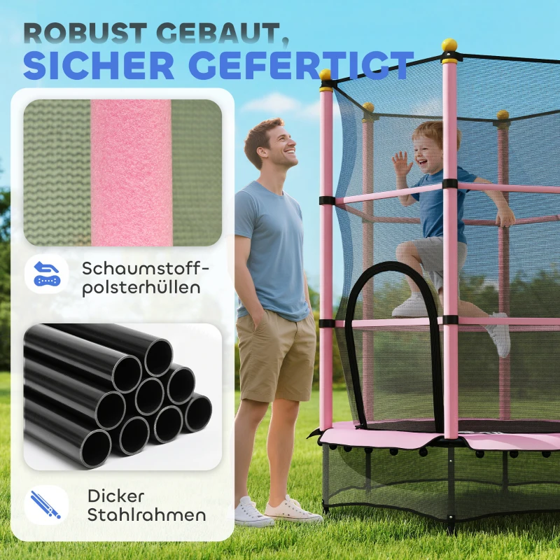HOMCOM Trampolin für Kinder, Ø140 cm, mit Sicherheitsnetz, für innen und außen, Stahl, Kunststoff, belastbar bis 50 kg, Rosa