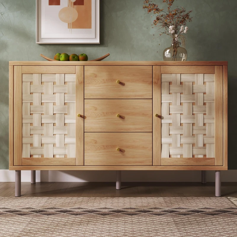 Comodă în stil rustic cu 2 uși, 3 sertare și polițe interioare reglabile pe înălțime, 120x40x70 cm, Culoare naturală