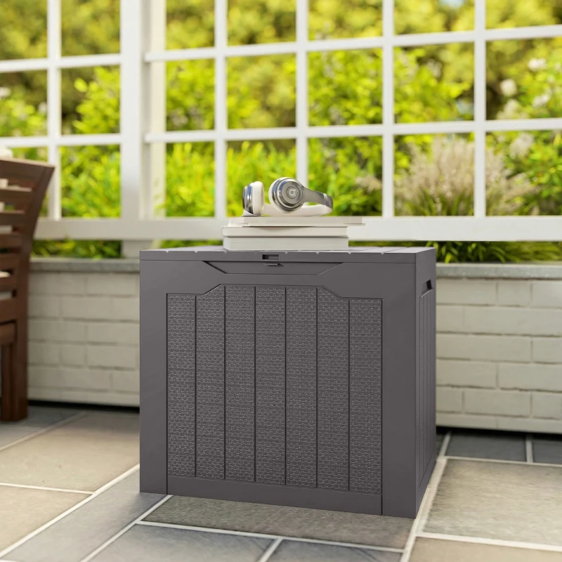 Outsunny Coffre de rangement extérieur 97L avec poignées encastrées, malle de rangement extérieur étanche 56 x 41 x 50 cm, marron
