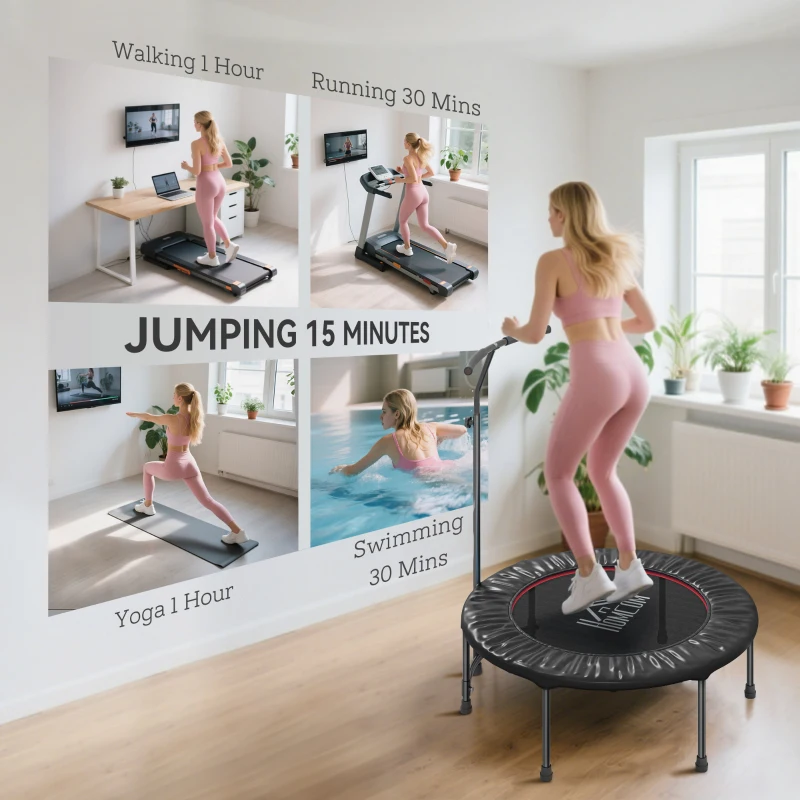HOMCOM 40" Fitness Trampoline with Adjustable Handle, Rebounder Trampoline, Mini Jumper for Indoor Exercise Workout, Black