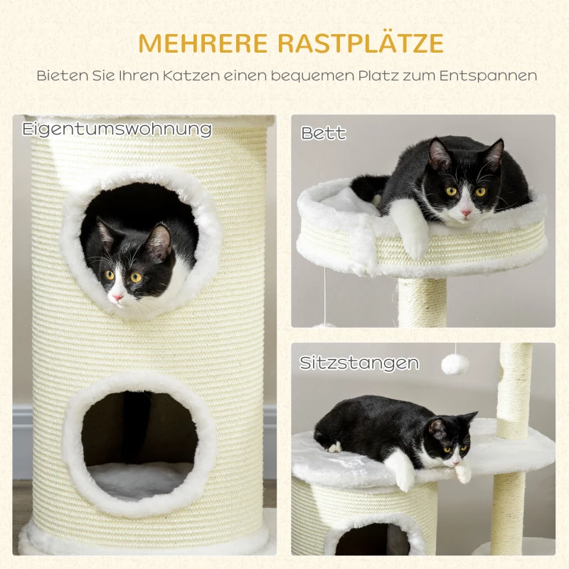PawHut Krabpaal met Krabton, 1 Kattenbed en Kattenspeelgoed, 59 cm x 35 cm x 100 cm, Crème wit