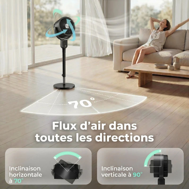 HOMCOM Ventilateur sur pied silencieux 20 dB, oscillation 70°+90°, 8 vitesses, télécommande, minuterie 12H, hauteur réglable
