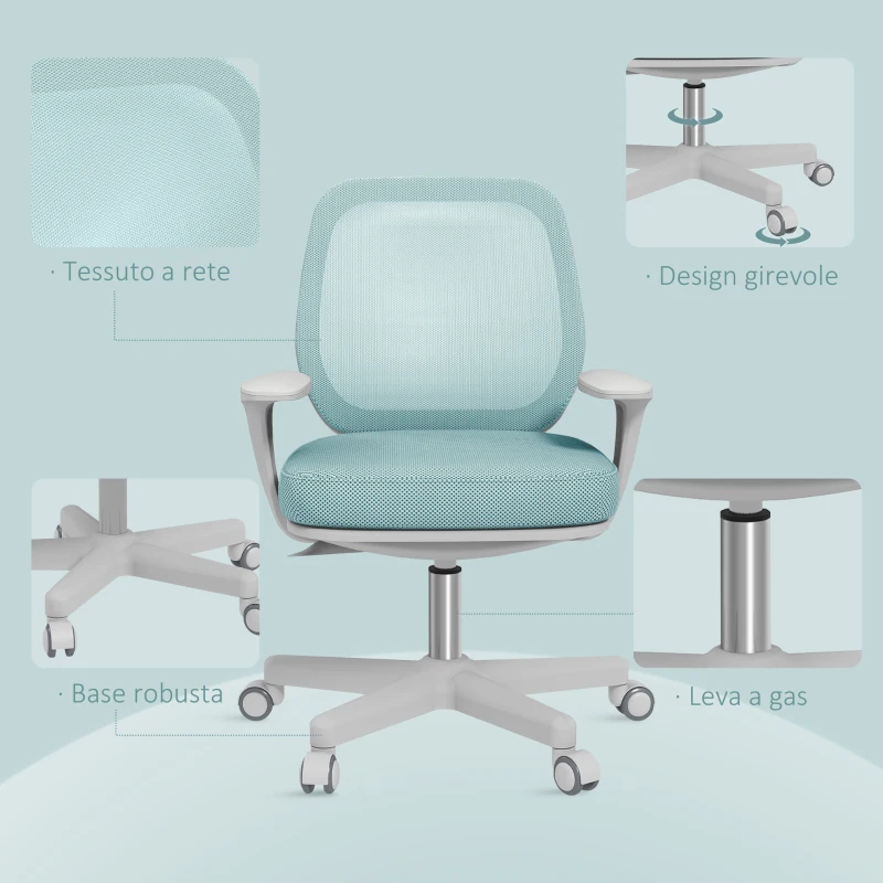 Vinsetto Sedia da Ufficio Ergonomica ad Altezza Regolabile con Schienale Traspirante, 55x48x82.5-94.5 cm, Verde Chiaro