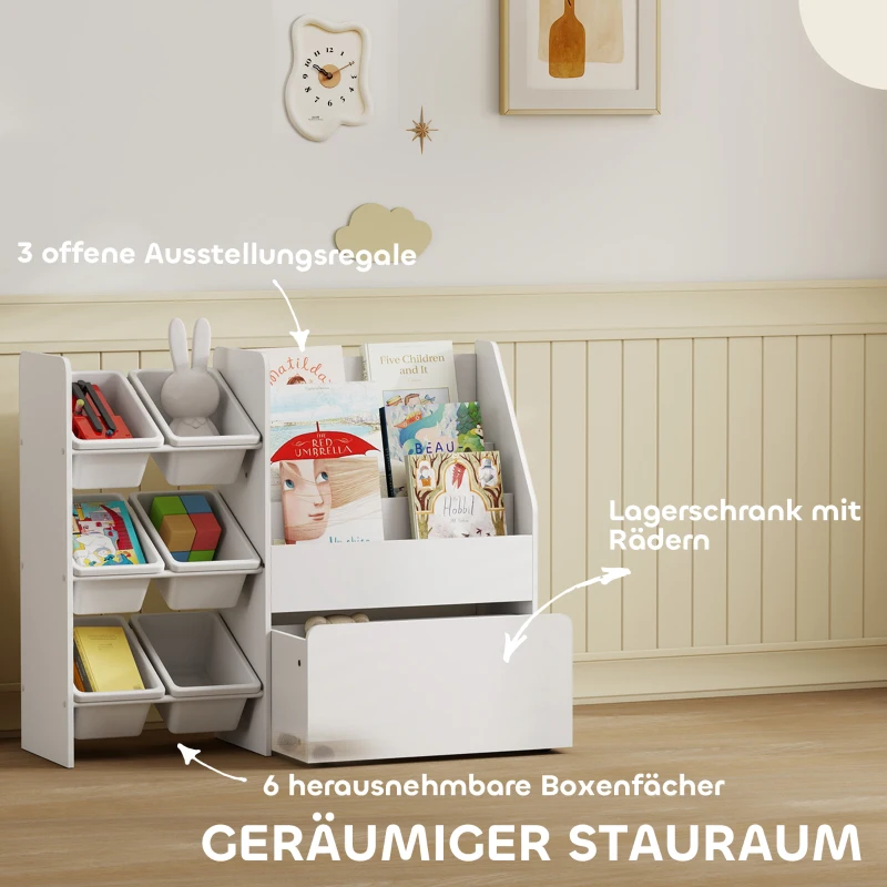 AIYAPLAY Spielzeugregal, Kinderzimmerregal mit 6 Behälter, Bücherablage, rollbare Box, 100 x 30 x 80 cm, MDF, Stahl, Weiß