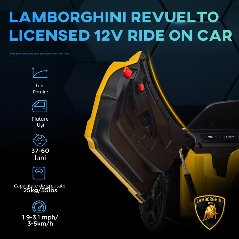 AIYAPLAY Mașină electrică 12V cu licență Lamborghini Revue vehicul electric telecomandă viteză 3-5 km/h 3-5 ani galben