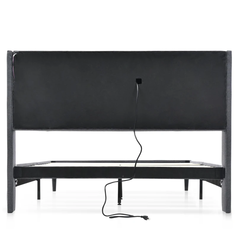 Pat dublu tapițat, tăblie cu spațiu de depozitare, somieră din lemn masiv și metal, pentru saltea 160X200 cm, fără saltea, 223x169x107 cm, Gri