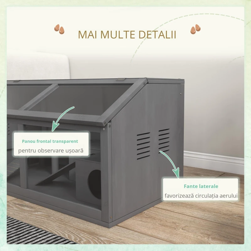 PawHut Cușcă pentru hamster, cușcă din lemn pentru animale mici, punte suspendată, scări, căsuță, 84 x 45 x 44 cm, pentru hamsteri pitici, Gri
