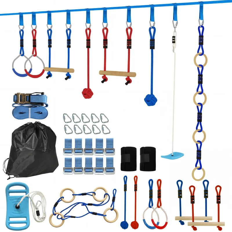 AIYAPLAY Ninja Line Kinder 10m 9-teilig Slackline Set mit 2 Turnringe 3-in-1 Schaukel 2 Kletterstange für 3-8 Jahre Mehrfarbig