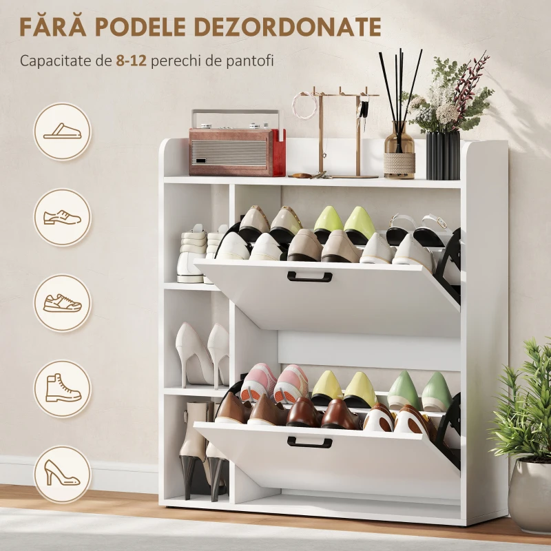 HOMCOM, Dulap pentru pantofi, Cu 2 Sertare Rabatabile, Placă aglomerată, 83x24x90.5 cm, Alb