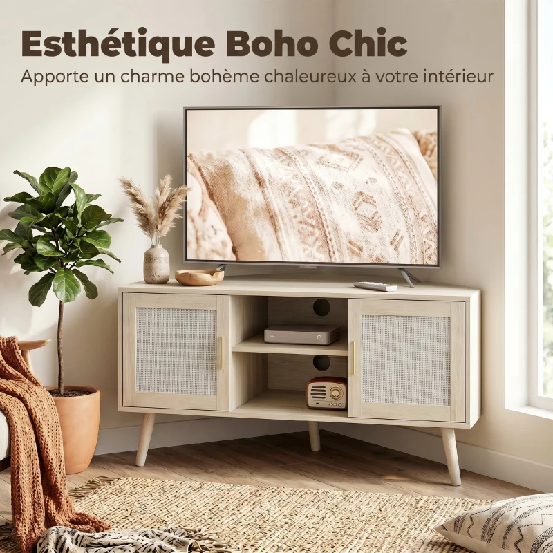 HOMCOM Meuble TV d'Angle 115 cm, Meuble Télé pour Téléviseur jusqu'à 65 Pouces, 2 Portes en Rotin  2 Compartiments, Chêne