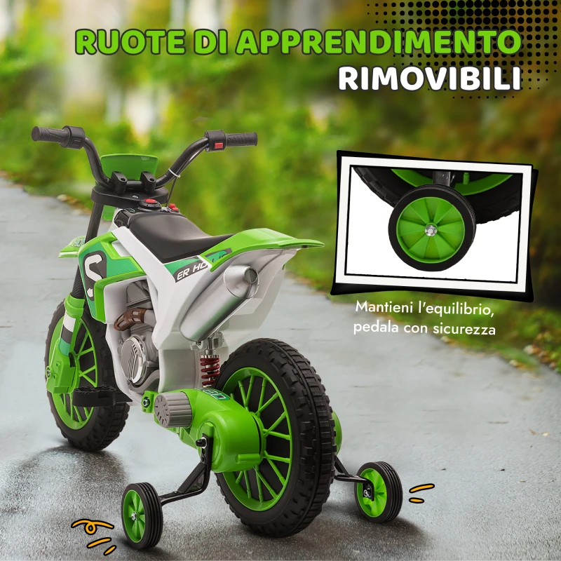 HOMCOM Moto da Cross Elettrica per Bambini con Rotelle, in PP e Metallo, 106.5x51.5x68 cm, Verde