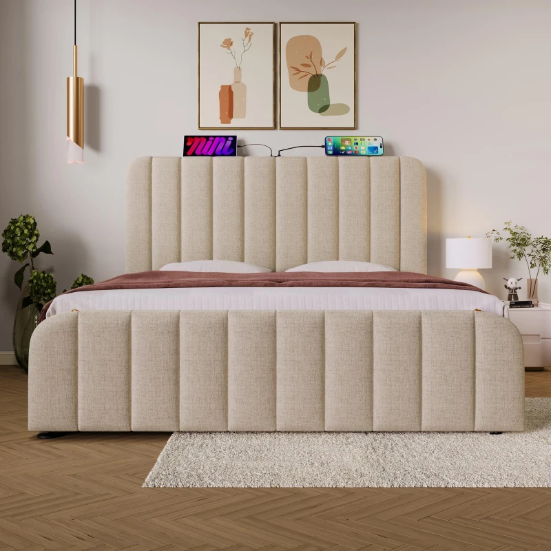 Pat dublu tapițat cu spațiu de depozitare pentru saltea 140x190 cm, pat rabatabil hidraulic cu husă din in, fără saltea, 203x150x102 cm, Bej