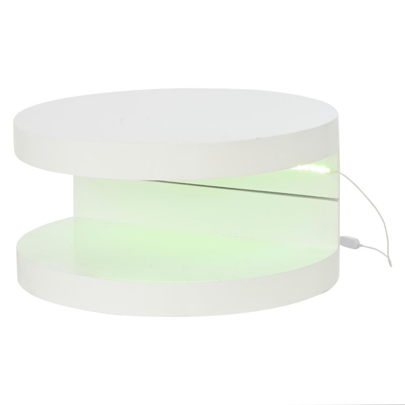 Masă de cafea cilindrică cu blat rotativ la 360°, bandă LED, construcție cu 2 straturi, 70x70x35,5 cm, Alb