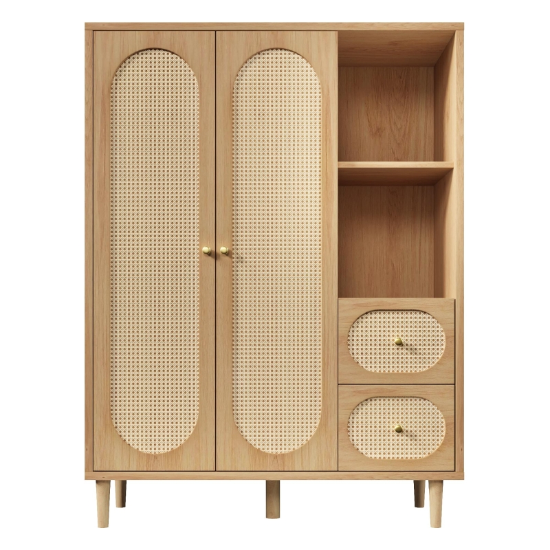 Kleiderschrank im Landhausstil, 2 Türen, 2 Schubladen & offene Regale für viel Stauraum, 120x44x161 cm, Naturfarbe